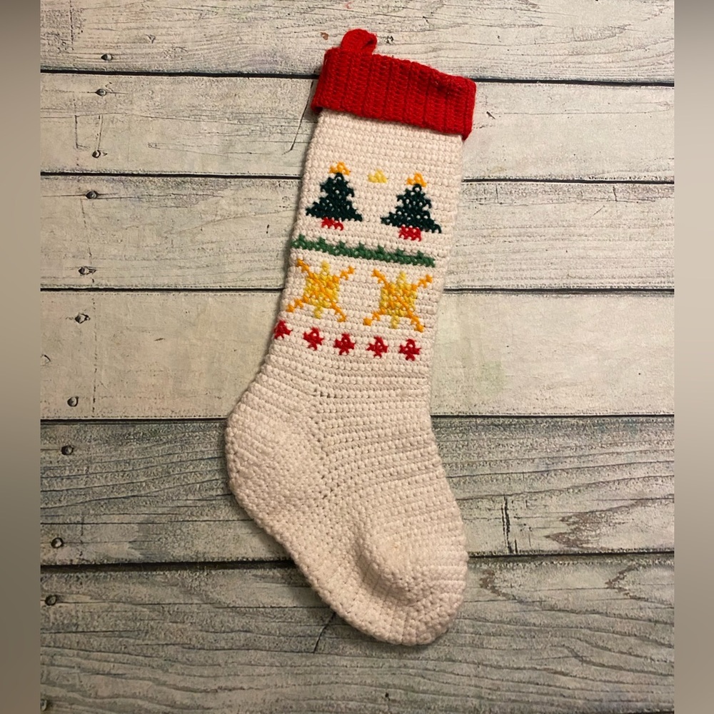 Vintage Christmas snowflake & tree pattern knitted stocking.